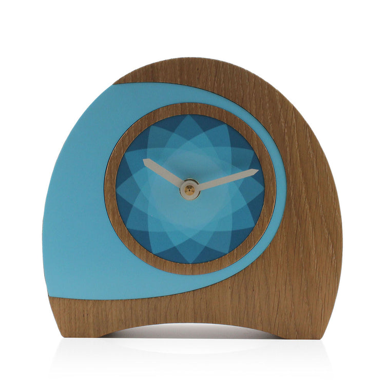 Functional Arc Oak wooden desk clock in turquoise with cream hands