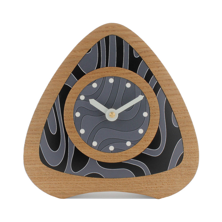 Non ticking wooden oak desk clock with black dial and cream hands