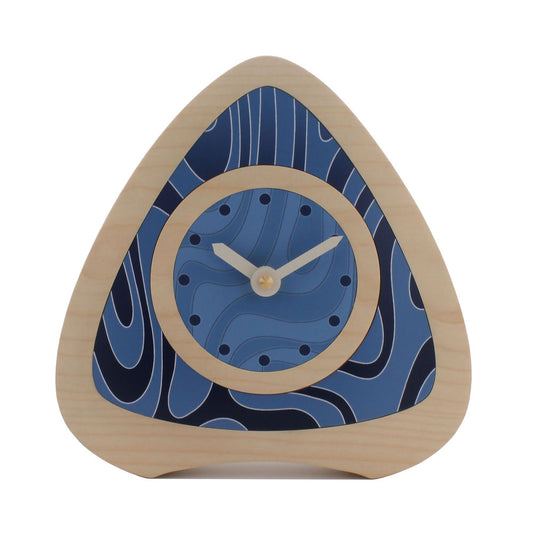 Modern retro sycamore wooden desk clock blue with cream hands and non ticking mechanism