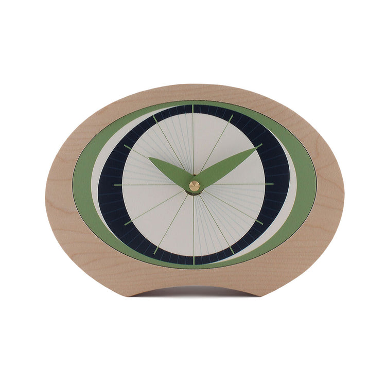Contemporary maple wooden desk clock with minimalist green and navy dial