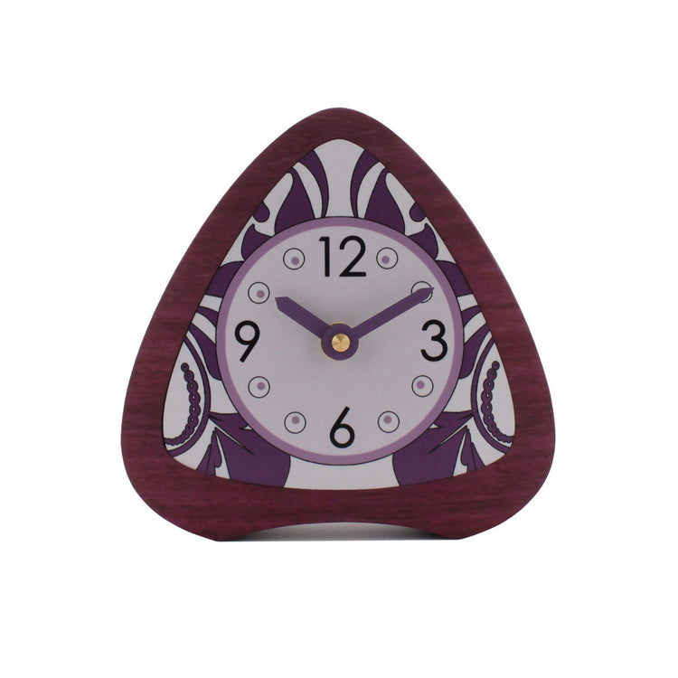 Elegant Fleur desk clock in purpleheart wood with purple and grey floral dial