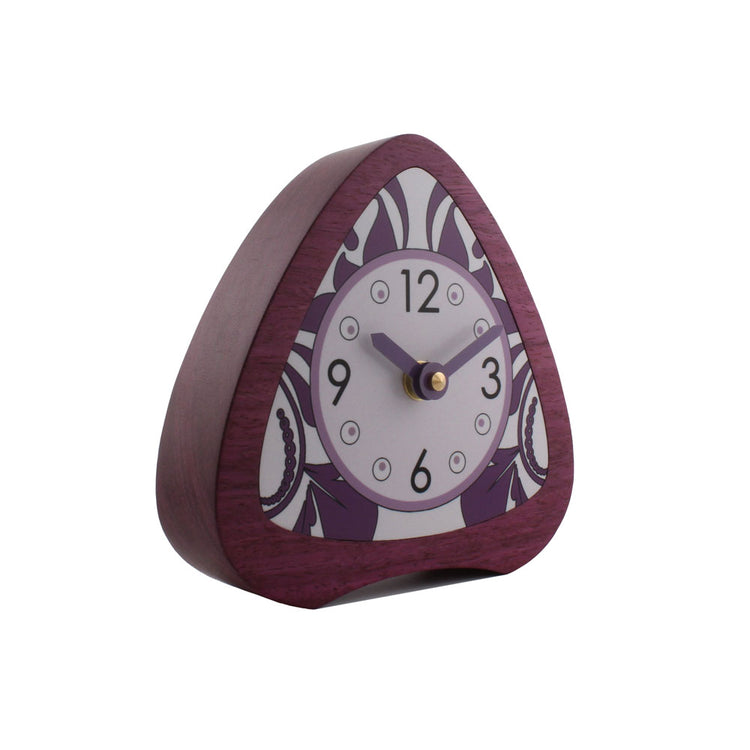Floral Fleur desk clock in purpleheart wood with purple and grey dial