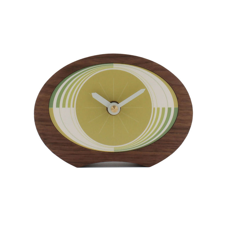 Walnut wood desk clock with yellow and green dial