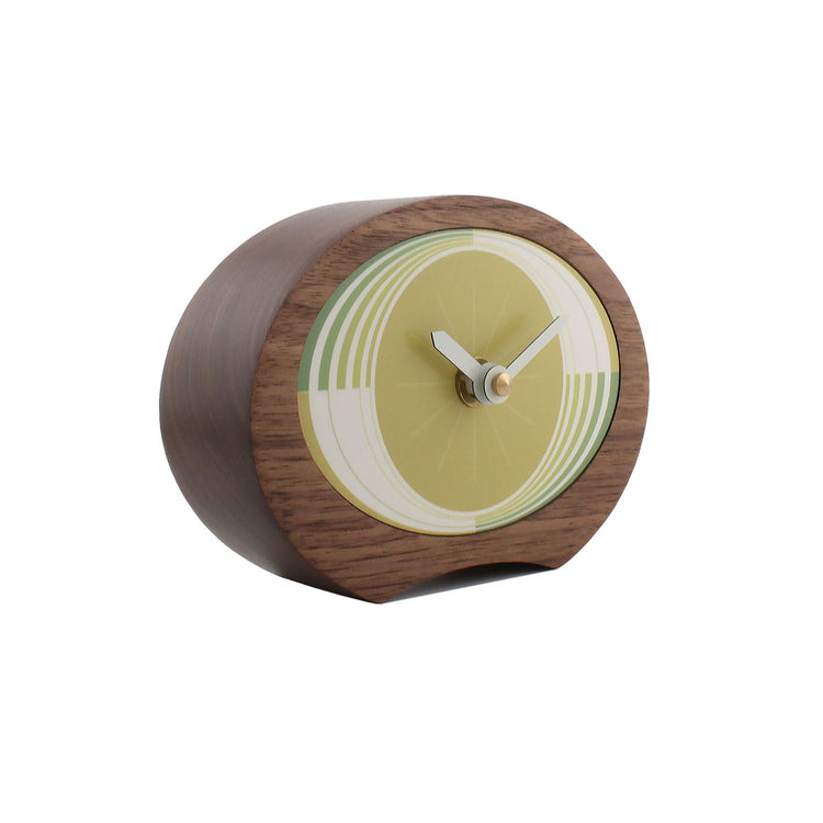 Stylish walnut desk clock with yellow and green dial