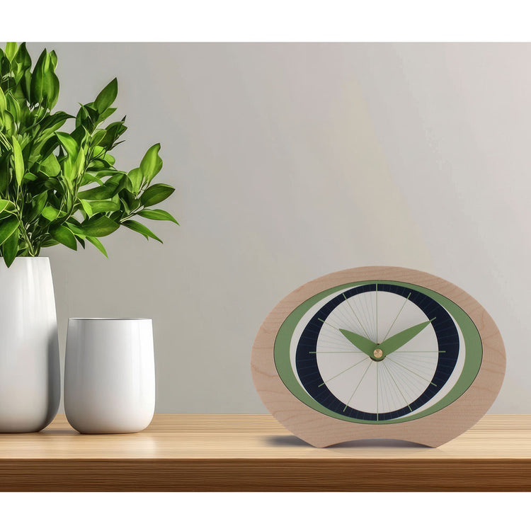 Maple desk clock with minimalist green and blue clock face design