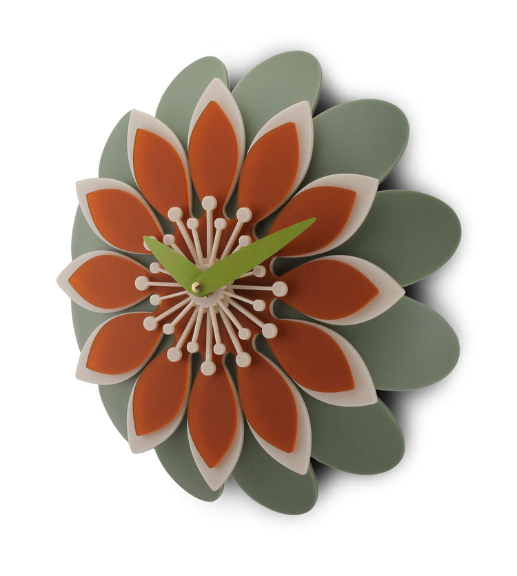 Floral clock with orange and green design on a white background