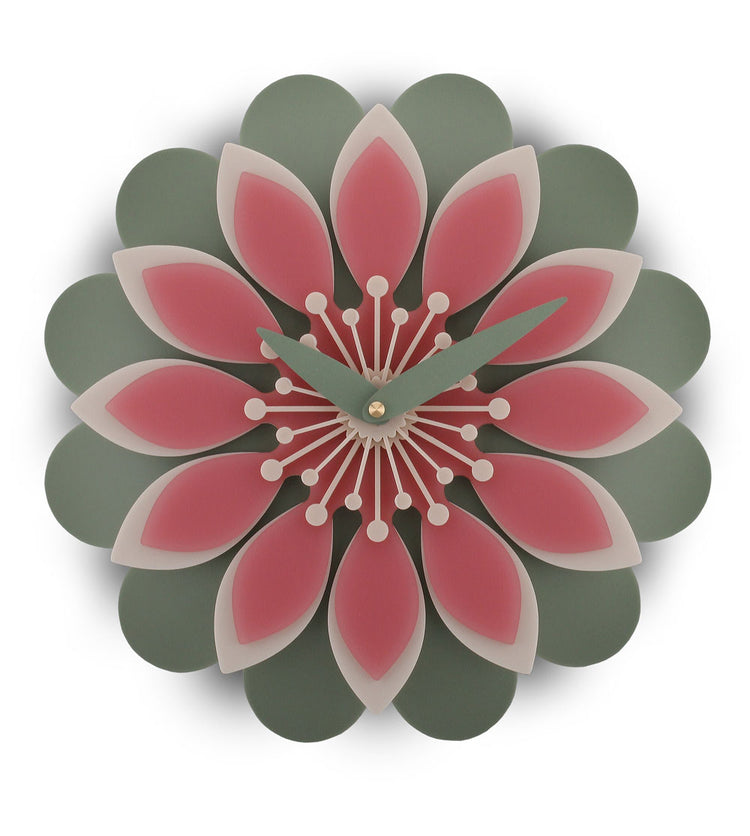 Dahlia non ticking wall clock with a floral design featuring pink and green colors on a white background.