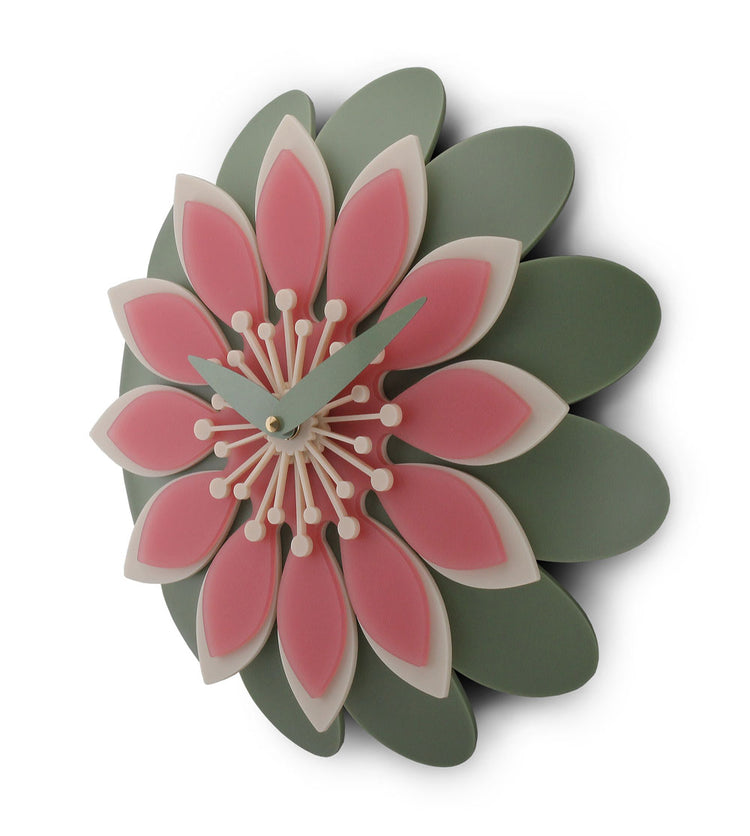 Flower wall clock design with pink and green colors on a white background