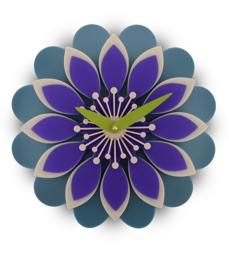 Decorative wall clock with a floral design featuring purple and blue petals on a white background.
