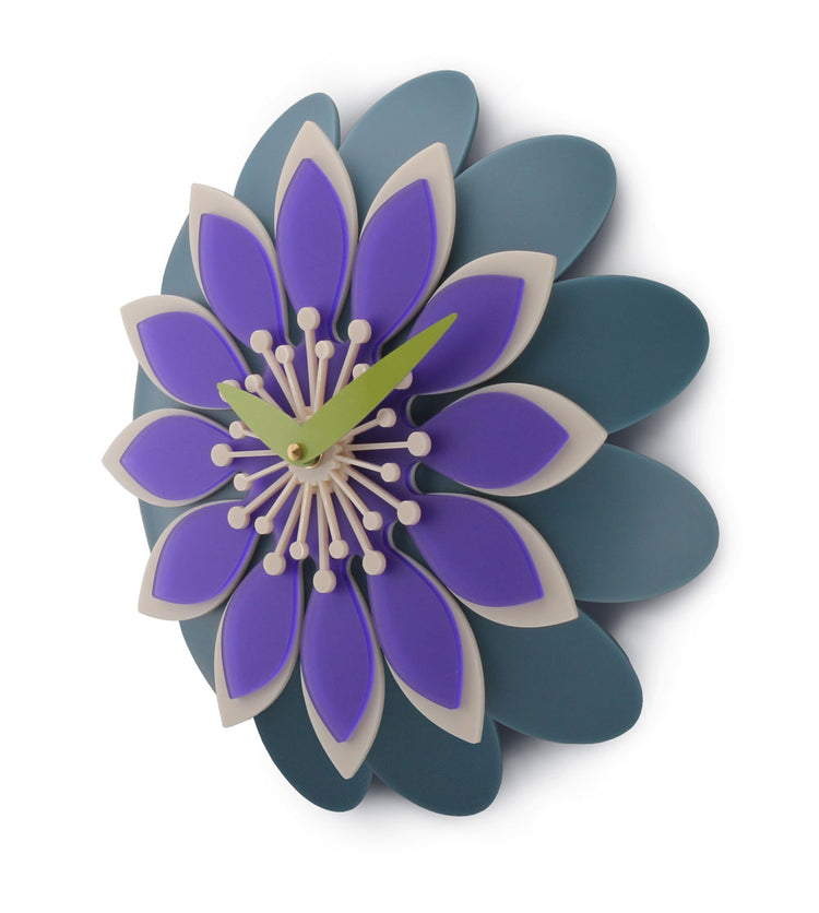 Floral clock with purple and teal petals on a white background