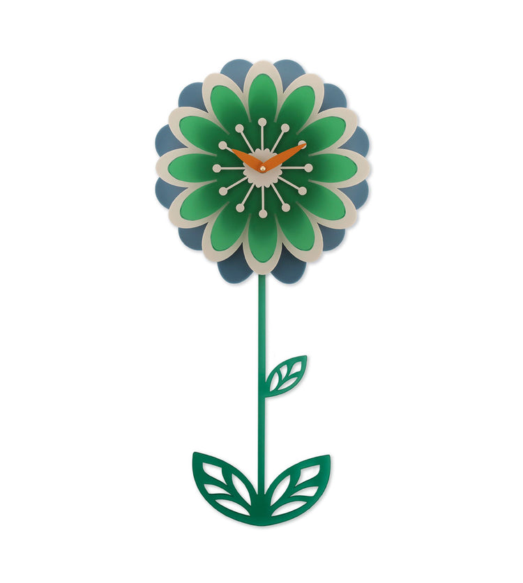 Daisy flower-shaped pendulum clock with green and blue design on a white background