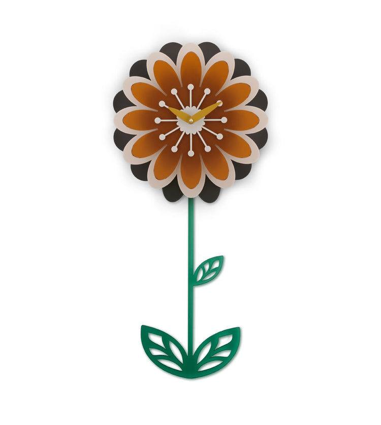 Daisy flower-shaped pendulum clock with orange petals and green pendulum. Non ticking mechanism
