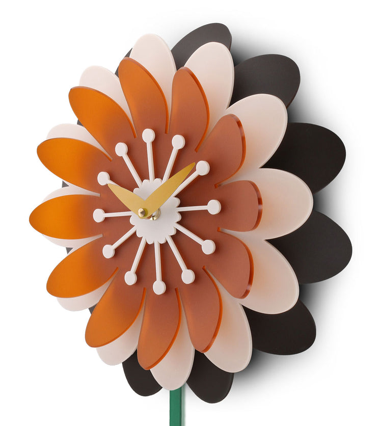 Daisy Floral pendulum clock with orange, cream and brown petals on a white background with green pendulum