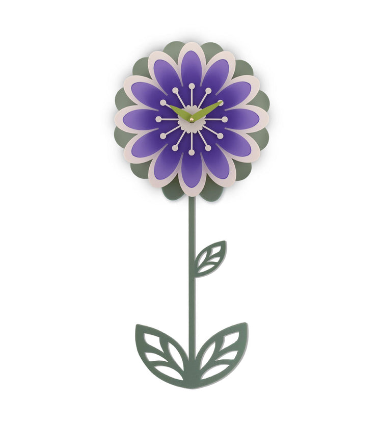 Daisy flower-shaped pendulum clock with purple flower and green stem on a white background