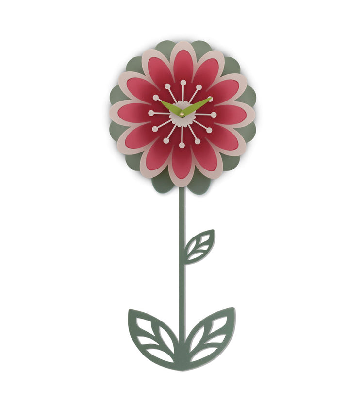 Floral Daisy pendulum clock with pink flower and green stem on a white background