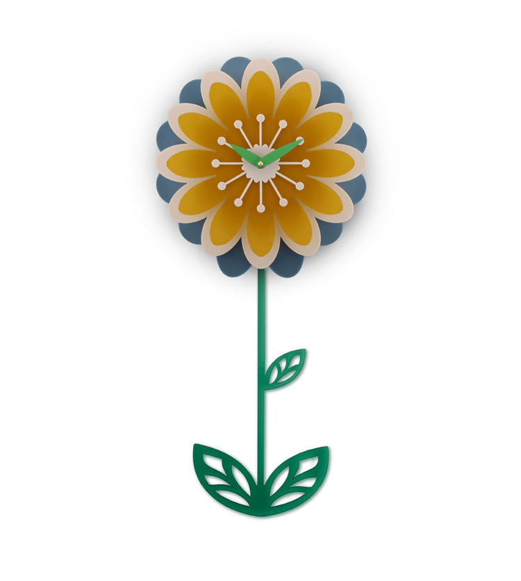 Flower-shaped Daisy pendulum clock with yellow and blue petals and a green stem and leaves on a white background