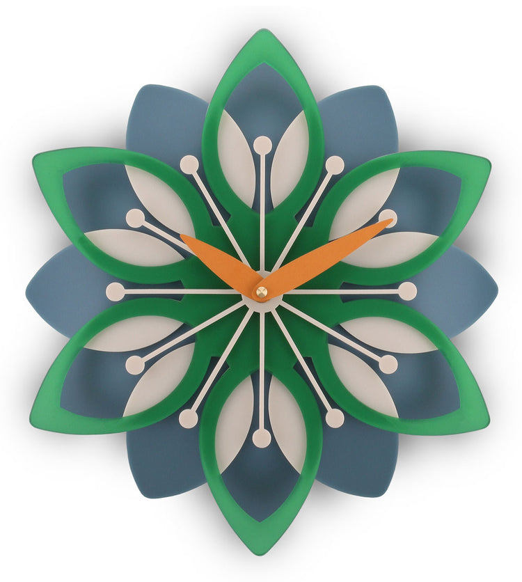 Decorative wall clock with a floral design in green, blue, and orange on a white background