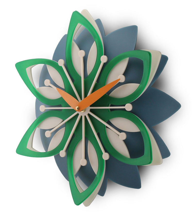 Decorative wall clock with a floral design in green, blue, and orange on a white background