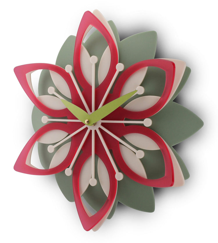 Floral clock design with red, green, and beige colors on a white background