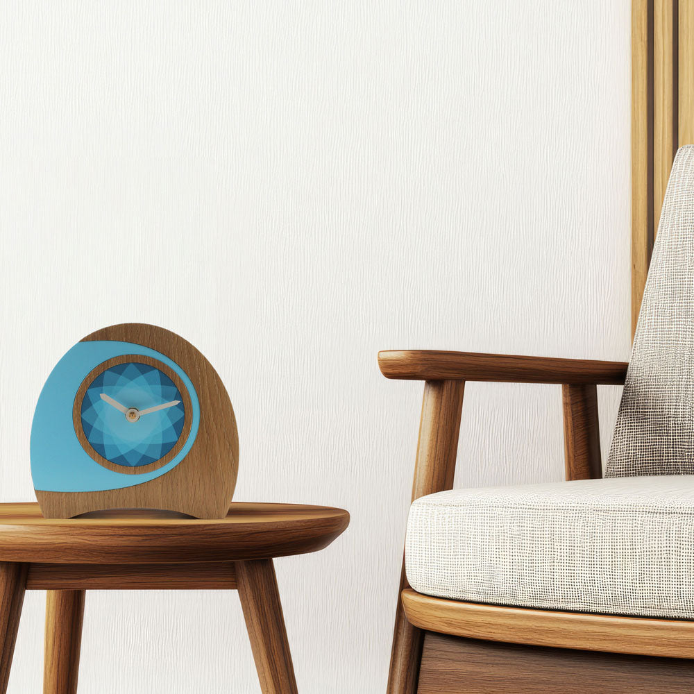 Arc Wooden desk clock with blue face and cream hands
