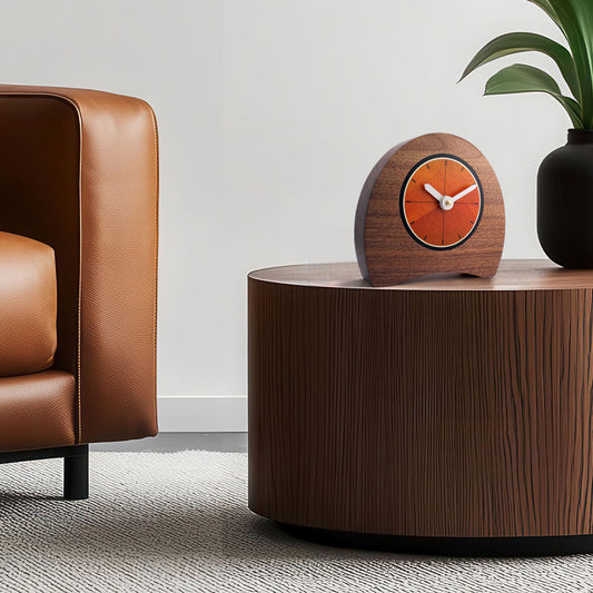 Wooden desk clock with orange face