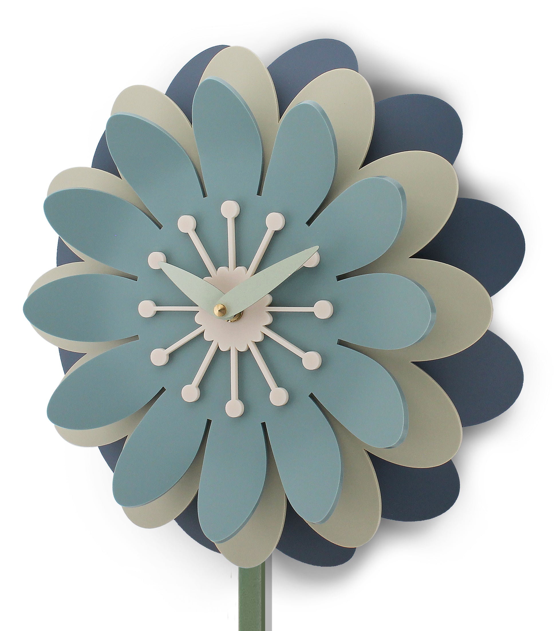 Floral clock with blue, green, and beige petals on a white background