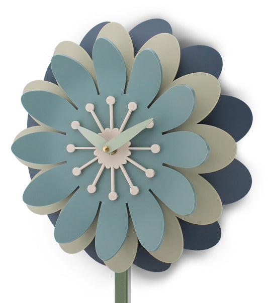 Floral clock with blue, green, and beige petals on a white background