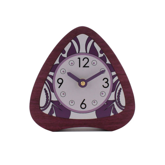 Elegant Fleur desk clock in purpleheart wood with purple and grey floral dial