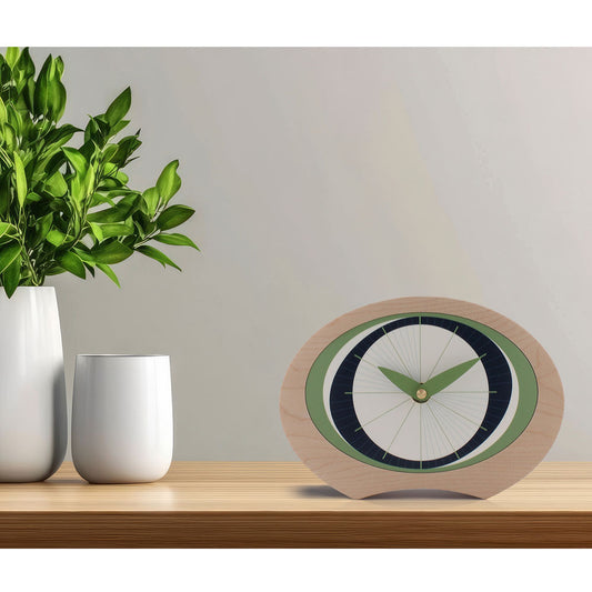 Maple desk clock with minimalist green and blue clock face design