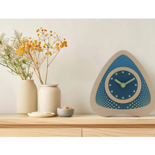 Decorative retro Nova desk clock with a blue face and wooden body