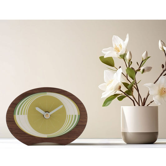 Wooden walnut desk clock with green and yellow stylish dial