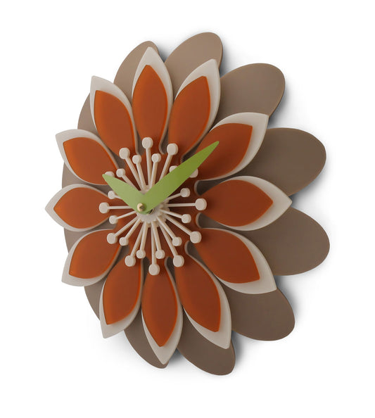 Floral retro formed wall clock with orange and brown petals on a white background