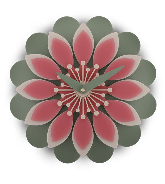 Dahlia non ticking wall clock with a floral design featuring pink and green colors on a white background.