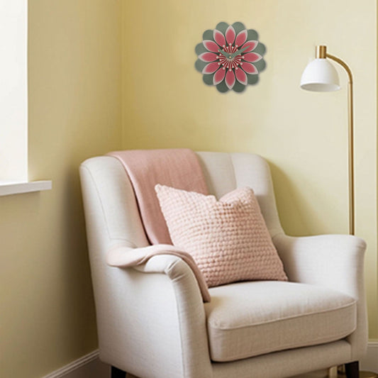 Decorative round silent wall clock with pink and green flower design.