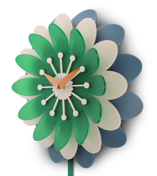 Daisy pendulum clock with green, blue, and cream petals on a white background with orange hands