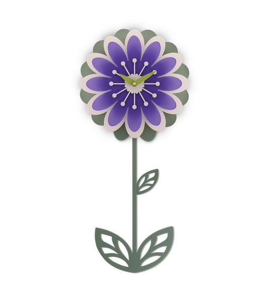 Daisy flower-shaped pendulum clock with purple flower and green stem on a white background