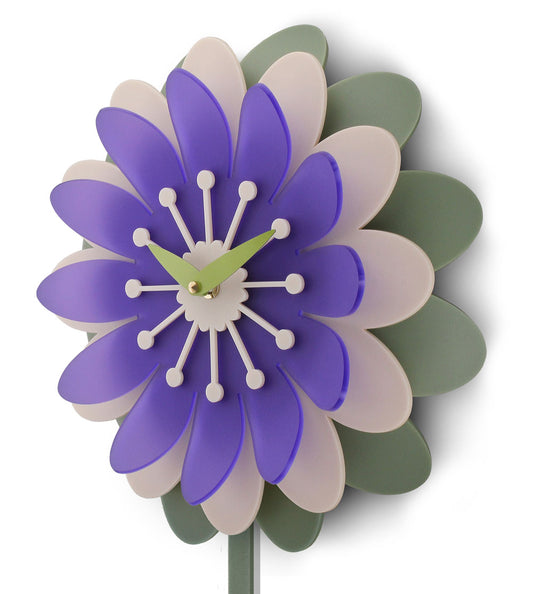 Floral Daisy pendulum wall clock with purple, green, and cream petals and stamen on a white background