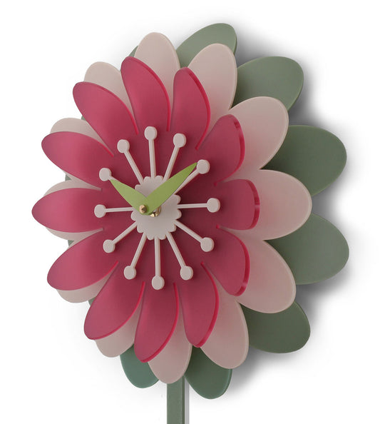 Floral Daisy pendulum clock with pink, green, and cream colors on a white background