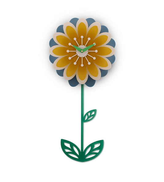 Flower-shaped Daisy pendulum clock with yellow and blue petals and a green stem and leaves on a white background