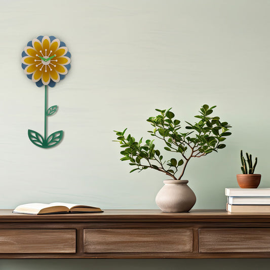 Eyecatching Daisy pendulum flower wall clock with yellow and blue hand formed petals