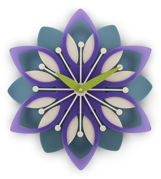 Decorative wall clock with a floral design in purple, blue, and green on a white background